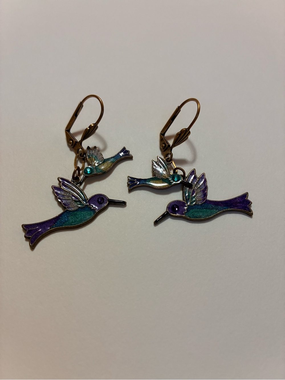 Purple & Teal Hummingbird Bird Earrings - Lightweight Enamel Drop